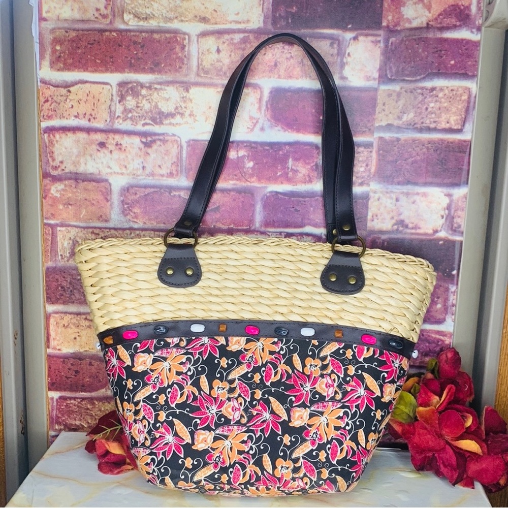 Woven Rattan and Canvas Beaded Floral Market Tote